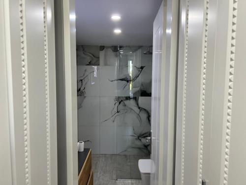 a bathroom with a shower and a toilet in it at Hilltop Villa in Shetaj