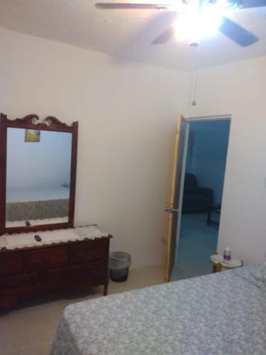 a bedroom with a mirror and a bed and a door at Ensom Escape in Spanish Town