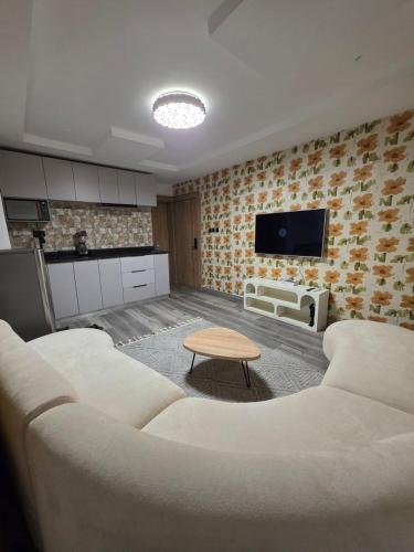 sala de estar con 2 sofás blancos y TV en Haus, en Enugu