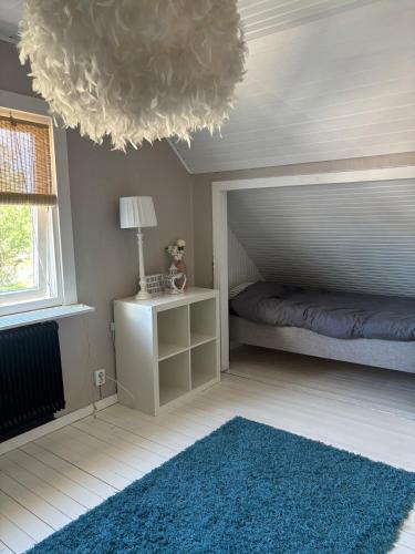 a bedroom with a bed and a blue rug at Villa Fredsstigen in Åmål