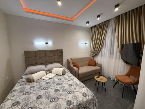 Un dormitorio con una cama, un sofá y un televisor. en Time Out Studio Apartman, en Divčibare