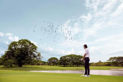 a man standing on a golf course with a flock of birds at The Buenaventura Golf & Beach Resort, Autograph Collection in Playa Blanca
