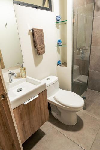 a bathroom with a toilet and a sink and a shower at Apartment A/C, GYM, Cafeteria | Telmex Auditorium in Guadalajara