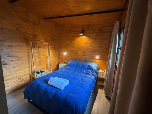 1 dormitorio con 1 cama azul en una habitación de madera en RIO-ABAJO Cabañas frente al RIO MELIQUINA, en Villa Meliquina