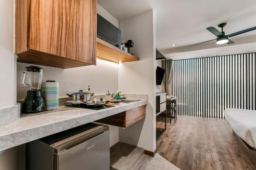 a kitchen with a counter and a bed in a room at Suites Álamos by Homirent in Laborcillas
