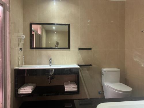 a bathroom with a sink and a toilet and a mirror at Fairy Tale City Motel in Hualien City