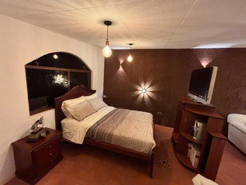 a bedroom with a bed and a tv on a wall at La dolce vita in Cuenca