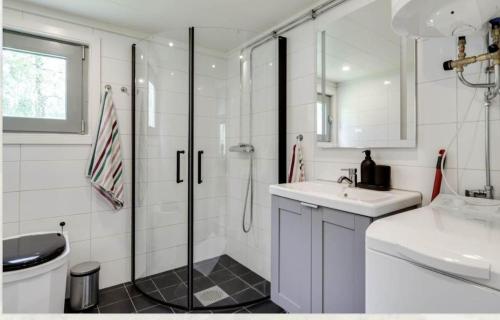 a bathroom with a shower and a sink and a toilet at Summer cottage near water with boat for rent in Åsbro