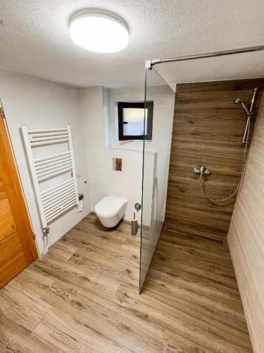 a bathroom with a toilet and a glass shower door at Villa Eterna in Tarčin