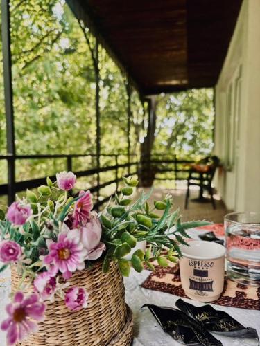 a table with flowers in a basket on a porch at Villa Srna Apartments 