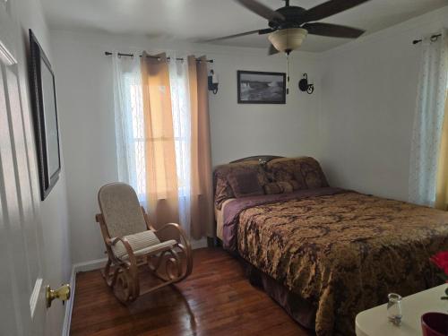 a bedroom with a bed and a chair and a ceiling fan at Chic City Charming Bungalow with all the Amentities Great Family Getaway! in Detroit