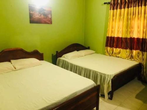 two beds in a room with green walls at River Garden Hotel Anuradhapura in Anuradhapura