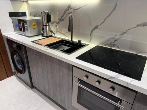a kitchen with a sink and a stove at JEYA Luxury-Accra in Accra