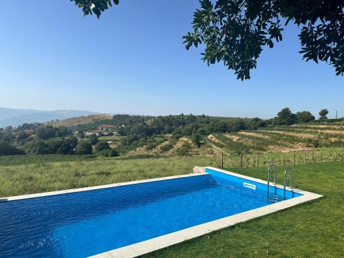 a blue swimming pool in the middle of a field at Quinta de Águas Mortas in Gestaco