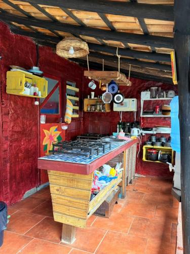 a kitchen with a counter with a stove top at Hostel Pantera do Rosa in Praia do Rosa