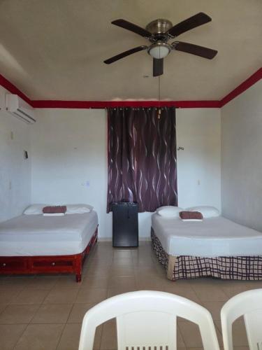 a room with two beds and a ceiling fan at El Padrino in Akumal