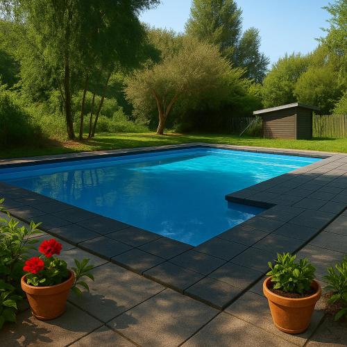 a swimming pool with two potted plants on a patio at cabaña & Loft El Laurel Temuco in Temuco