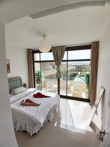 Un dormitorio con una cama y una ventana grande. en Gcribs Onebedroom Elgouna, en Hurghada