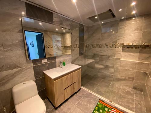 a bathroom with a toilet and a sink and a shower at La Casa Amarilla in Medellín