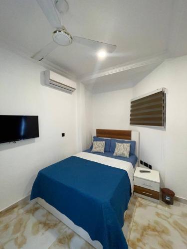 a bedroom with a blue bed and a flat screen tv at Esthetique de Luxe Homes at Pantang in Pantang