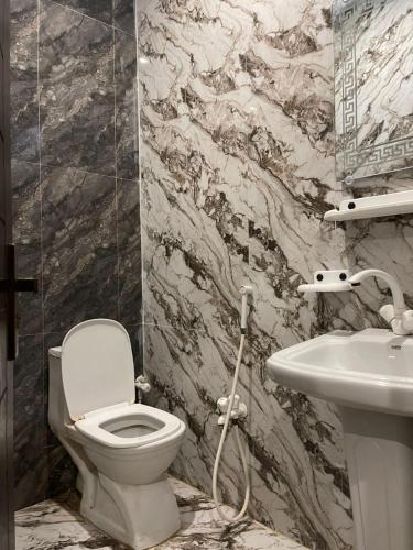 a bathroom with a toilet and a sink at Hotel Elegant Gulshan-e-Iqbal karachi in Karachi