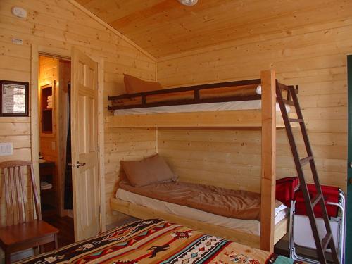 Verde Valley Studio Cabin 2 في كوتنوود: غرفة نوم مع سريرين بطابقين في كابينة
