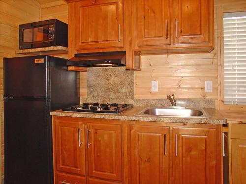 a kitchen with a black refrigerator and a sink at Verde Valley Canyon View Cottage 6 in Cottonwood