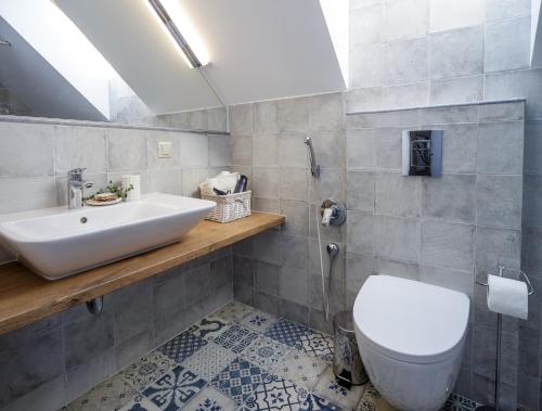 a bathroom with a sink and a toilet at Vila Stinta in Juodkrantė