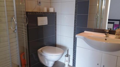 uma casa de banho com um WC e um lavatório em Amber Jarosławiec em Jarosławiec