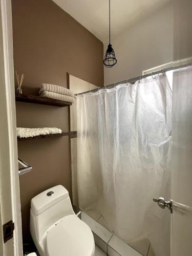 a bathroom with a white toilet and a shower at Acogedor departamento cerca de la X in Arena