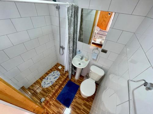 une salle de bain avec une douche, des toilettes et un lavabo dans l'établissement Hermoso departamento en sector Playa Hermosa Pichilemu - Cabañas Parova, à Pichilemu