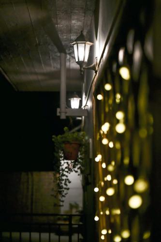 a row of lights in a dark room with a plant at Taygetos Escape Sparta in Perivólia