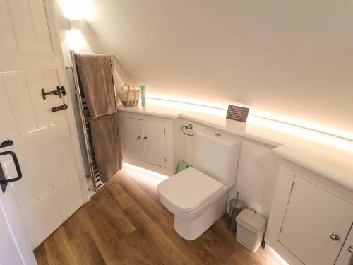 a bathroom with a white toilet with a light at The Round House in Kettleburgh
