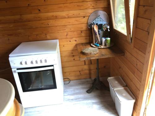a small kitchen with a stove and a counter at Yourte Les Hulottes en Comminges in Juzet-dʼIzaut