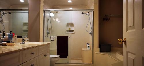 a bathroom with a shower and a toilet and a sink at Eagle's House, Room #B in Victoria