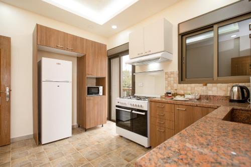 a kitchen with wooden cabinets and a white refrigerator at Akl - Chic Apartments & Balconies in Batroun in Batroûn