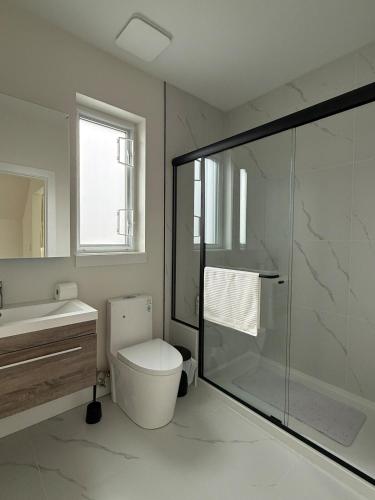 a bathroom with a shower and a toilet and a sink at Roger & May's Cabin in Vancouver