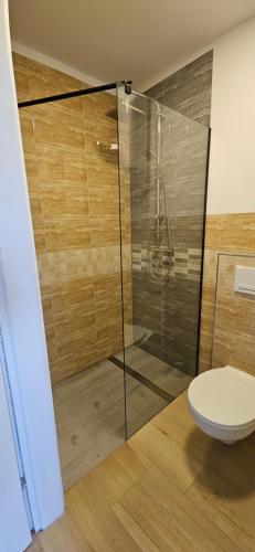 Un baño con inodoro y ducha de cristal. en KAPI ośrodek wczasowy w Mielnie, en Mielno