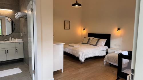 a bedroom with a bed and a sink and a mirror at Gal Ba'Har גל בהר in El-Rom