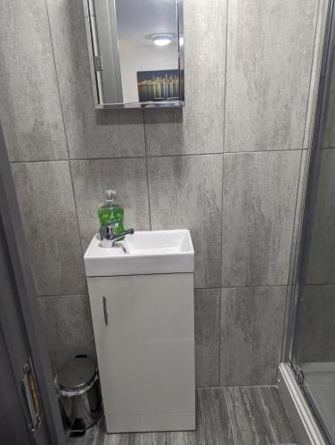 a bathroom with a white sink and a mirror at Station Apartments in Ashton in Makerfield
