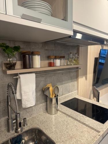una cocina con fregadero y encimera en Estúdio de Luxo Florança, en São Paulo