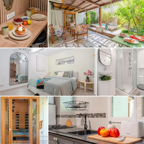 a collage of photos of a kitchen and a house at L'Escale - Idéal Couple & Pro en Quête d'un Moment Détente et se Ressourcer - Sauna Exclusif & Terrasse Privée - Piscine - WIFI HD - 5min Port Toulon & Plage in Toulon
