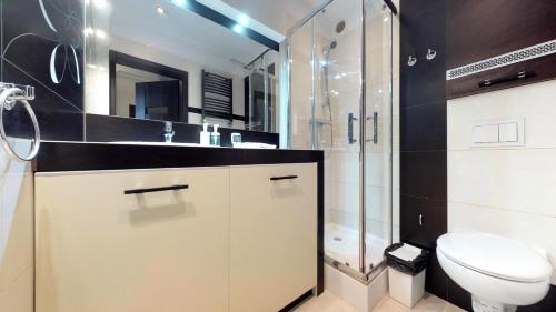 a bathroom with a toilet and a sink and a shower at NiceOne Apartment Number 10 - W samym Centrum! in Wrocław