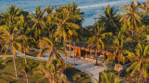 an aerial view of a beach with palm trees at NIHI Sumba - 50 Best Hotels of the World in Watukarere
