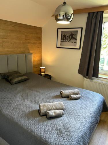 a bedroom with a bed with two towels on it at Apartmány Gryf Harrachov in Harrachov