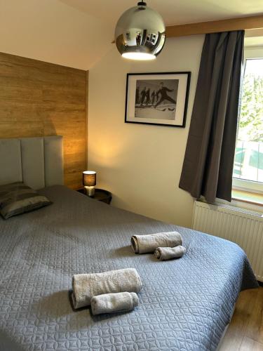 a bedroom with a bed with two towels on it at Apartmány Gryf Harrachov in Harrachov