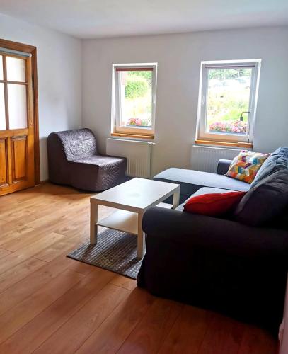 a living room with a couch and a table at Apartament 600 npm in Piechowice