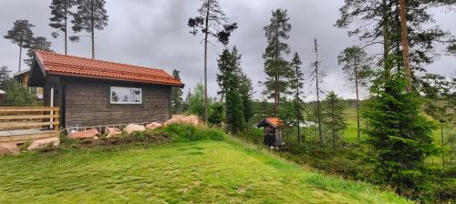 a small house in a field next to a forest at Renstigen Evertsberg Vasaloppet in Älvdalen