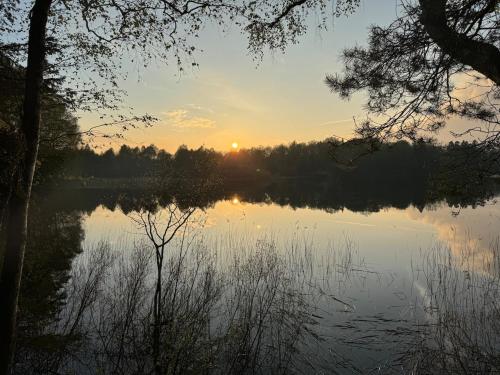 a view of a lake with the sun setting at Fritids hus nära natur in Skärsnäs