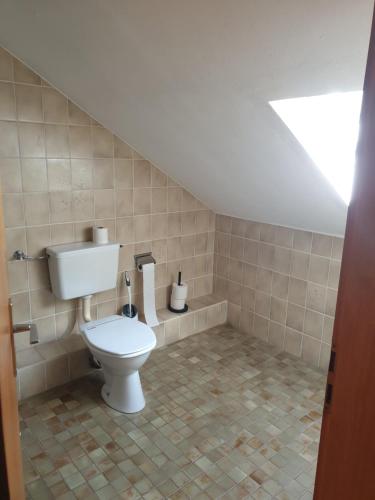 a bathroom with a white toilet in a attic at Famile Hotel Kameleon in Olsberg